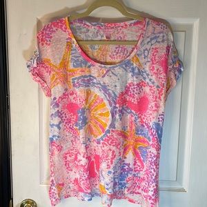 EUC Lilly Pulitzer M 100% Linen short dolman roll sleeve starfish print top.